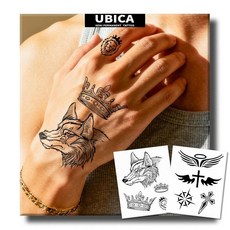 UBICA 반영구 타투 남성용 현실적인 임시 타투 2장 손 팔 손목 발목을 위한 가짜 타투 방수 반사 없음 2주 지속(늑대 머리 크라운 및 십자형 천사 날개), UBICA 반영구 타투, 남성용 현실적인 임시 타투 2