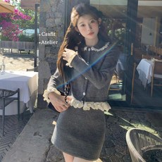 해피유통 여성 청춘 가을 룩 세련된 투피스 정장 세트 귀여운 니트 오피스룩 lmy