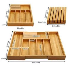 竹製可伸縮抽屜分隔板收納盒 - 銀器餐具廚房刀具文具整理, 7格+刀架, 1個