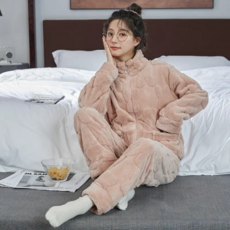 法蘭絨加厚珊瑚絨家居服套裝 可外穿立領拉鍊設計, 兔紋豆沙粉色豎領【女款】, XL【120-140斤】