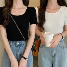 MU랑 여성 데일리 라운드 골지 니트 반팔