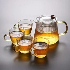 티팟 세트 찻주전자 우드핸들 티머그 찻잔 차우리기, /, 1L, 스트라이프 주전자 500ml+4줄무늬 컵