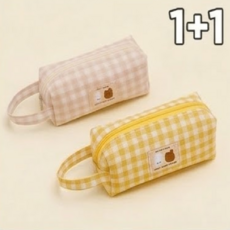 초등학생 귀여운 체리 필통 체크 필통 펜파우치, 옐로우+베이지, 1개