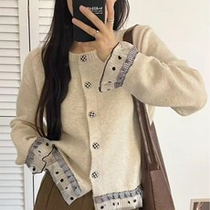 투니스 여성 트렌디 슬림핏 스플라이싱 프릴 니트 가디건