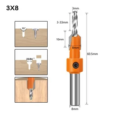 카운터싱크 드릴 슬롯 비트 8mm 생크(깊이 스톱 포함) 나무 구멍 나사 커터용 육각 키 렌치로 조절, 05 3mmX8mm