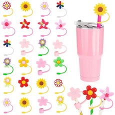 Nuenen 빨대 커버 캡 24개 실리콘 재사용 가능한 토퍼 팁 귀여운 만화 꽃 뚜껑 물 튀김 방지 플러그 6-8mm 빨대 텀블러 꽃 파티 선물 가정 주방 액세서리