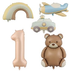 올리브파티 곰돌이 비행기 자동차 무지개 풍선 4종 베이지 숫자 생일 풍선 세트, 1세트, 숫자1