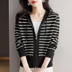 여성 스트라이프 더블지퍼 후드 편한 루즈핏 신축성 좋은 니트 가디건