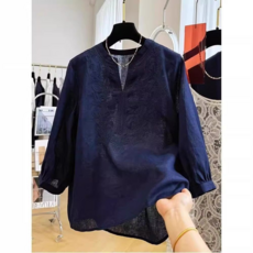 棉麻重工刺繡七分袖襯衫女夏季薄款法式氣質上衣