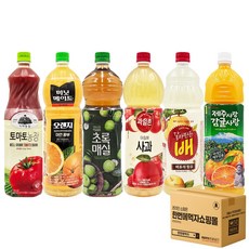 [한번에먹자] 과즙음료 1.5L 6종 혼합세트 ( 가야 토마토농장 + 미닛메이드 오렌지 + 웅진 초록매실 + 과일촌 아침에사과 + 갈아만든배 + 델몬트 제주감귤 ) 가정용 사무실, 6개