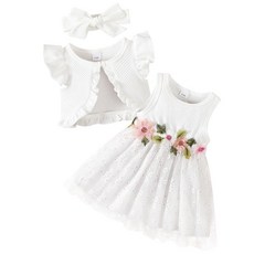 Renotemy 신생아 여아 플라워 드레스 유아 보헤미안 튀튀 튤 드레스 프린세스 웨딩 생일 파티 드레스 여아용 3개월~3T 화이트 드레스 2-3세