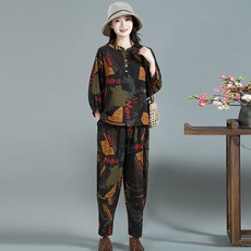 ORZQU 봄 여성 세트 면 마 엄마옷 7부소매 상의 루즈핏 배기 팬츠 투피스