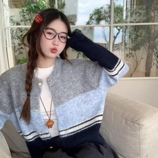 투니스 여성 패션 루즈핏 스플라이싱 배색 니트 가디건