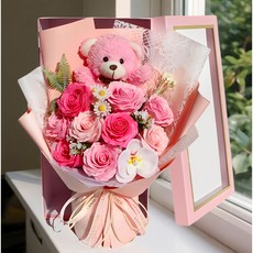 믹스알리 비누 장미 꽃 곰돌이 비누꽃다발 10송이+선물박스 어버이날 스승의 날 선물, 1개, 01핑크
