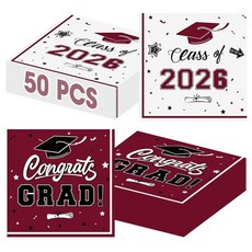 졸업 냅킨 장식 50개 - 그린 클래스 2026년 축하 3겹 종이 칵테일 디너 냅킨 세트 2026년 졸업 파티 용품 테이블 장식 선물 16.5 x 16.5cm(6.5 x 6, Maroon