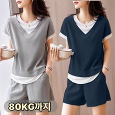 여성 여름 캐주얼 상하의 세트 브이넥 반팔티 와이드 반바지 투피스 트레이닝복 빅사이즈
