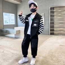 빠빠야네 키즈 주니어 남아 스트라이프 소매 후드집업 점퍼 트레이닝 상하세트 봄가을