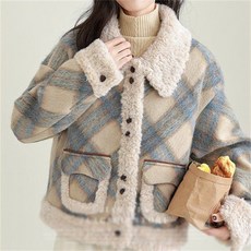 rigiu 여성 가을 겨울 루즈핏 양털 체크 점퍼 뽀글이 양모 코트 따뜻한 캐주얼 겨울 아우터 19156750 호 W5T1G6