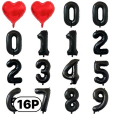 스마일파티 미니 소형 은박 숫자 번호 풍선 16P 하트 새해 생일 기념일, 1세트, 블랙16P