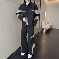 拼色立領男女同款休閒防風套裝, 黑色