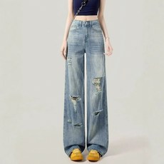 MIREA 여성 데님 와이드 찢어진 팬츠 루즈핏 여름용 캐주얼룩 CNZ06