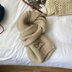 韓版刺繡蝴蝶結針織圍巾，秋冬純色軟糯保暖加厚學生圍脖，甜美騎車保暖圍巾