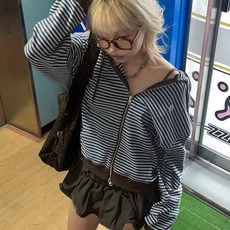 코드그라피 우먼 스트라이프 후드집업_스카이블루 260096