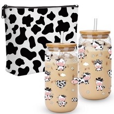 ECLATIS THE 더CLOVE 러브r 메이크업 가방 세트가 있는 체크 무늬 유리 컵 - 대나무 뚜껑과 빨대가 473.2ml16온스 투명 텀블러 커피 아이스 음료 생일 크, Cow Print Glass Cup