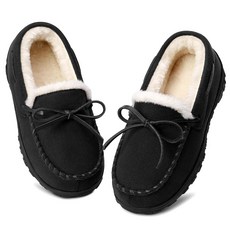 Bigwow 남아용 모카신 슬리퍼 메모리 폼 스웨이드 하우스 미끄럼 방지 실내 실외 겨울 퍼지 신발 블랙. 162024