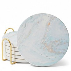 세라믹 흡수성 컵받침 6개 세트 홀더 포함 커피 테이블용 대리석 음료 컵받침 수분 흡수 스톤 컵받침 (임프레션), Marble Design