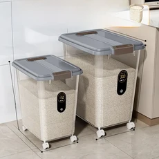 식품 등급 쌀 보관함 주방 밀가루 보관 용기 밀폐 방습 방충 대용량 30kg 60kg 플라스틱 용기, 바퀴 달린 블루 투명 [30+ 30kg 세트]