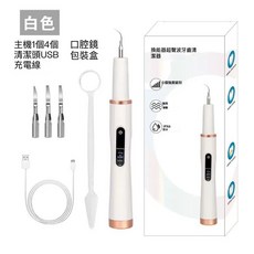 白色超聲波潔牙器，USB充電，寵物牙結石去除，40kHz振動, 1個, 1.白色尊享版2尖頭+2平頭+扳手+防塵