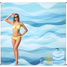 HIHOHO 해변 담요 방수 모래 방지 해변 매트 200.7 x 210.8cm(79 x 83인치) 성인 1-8명용 빠른 건조 내구성 있는 야외 피크닉 매트 해변 축제 여행, 6'11" x 6'7", 오션 웨이브-멀티 블루