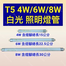 耀星照明 T5 4W 6W 8W D色 白光燈管 照明燈管 F4 F6 F8 T5/D, 1個, T5 8W 白光 30公分, 白光