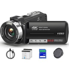 LUKPOW 캠코더 비디오 카메라 4K 울트라 80MP IR 야간 투시 브이로그 카메라 유튜브용 18배 디지털 줌 레코더 3.0인치 IPS HD 화면 32GB SD 카드 렌즈, LUKPOW 검정-112, 1개