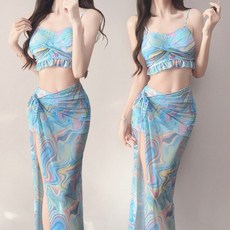 MISS·更衣室 三亞海島風三件式泳裝，網紅度假風沙灘罩衫比基尼, 76019粉色,XL適合55-60公斤