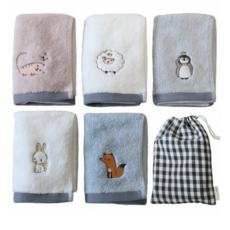 세맘스 모달 자수 수건 5종 + 파우치, 양 펭귄 야옹이 토끼 여우, 5세트
