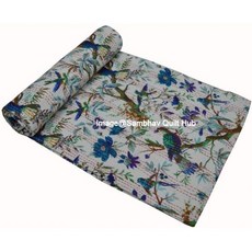 퀸/트윈/킹 칸타 화이트 버드 홈 데코 침대 보헤미안 퀸 스프레드 핸드메이드 퀼트 프린트 커버 독특한 담요 침구 이불 (90X108 인치), 90X108 인치