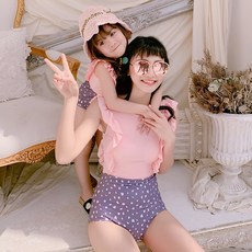 여성 올여름 준비 우리가족 커플룩 엄마와딸 비키니 수영복 프릴 장식의 원피스 수영복, L, 핑크 키드