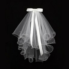 면사포 셀프촬영 셀프웨딩소품 셀프웨딩 베일 스타일 웨딩 화이트, B. 비즈 컬링 리본 머리핀형 55cm