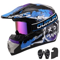 OUMURS DOT 성인용 ATV 더트 바이크 헬멧 고글 장갑 및 마스크 포함 조절 가능한 선바이저 오토바이 성인용 헬멧 오프로드 모토크로스 다운힐 모페드 MX 유니 성인, XL, 블루