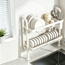 WHH 슬림 식기 건조대 주방 다목적 물빠짐 흡반 선반, 1개, 베이지, 2단