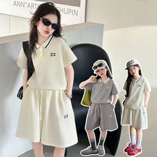 UPPERCUT 여아 여름 상하복 반팔 카라티 와이드팬츠 세트 초등학생 루즈핏 트레이닝복 남녀공용