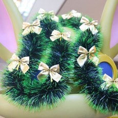 【熱銷Top1-限時下殺】 聖誕節裝飾彩條【可開】藤條 裝飾燈串 雪花毛條 彩條彩帶拉花 聖誕樹掛飾 櫥窗場景佈置 晚會, 墨綠綠邊+金色12蝴蝶結【帶燈/2米長】, 1個