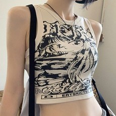SISI【V24016】美式復古動漫印花無袖短版上衣：顯身材性感辣妹風