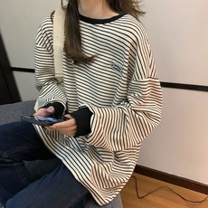 여성 루즈핏 스트라이프 줄무늬 긴팔 맨투맨 티 흰색