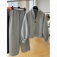 여성 간절기 스트링소매 맨투맨세트 와이드핏 기모팬츠 꾸안꾸 홈웨어 코디세트