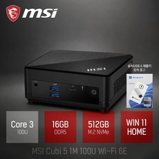 MSI 미니PC Cubi 5 1M Wi-fi 6E 코어i3-100U, Cubi core3-100U, WIN11 Home, 512GB, 16GB, 블랙