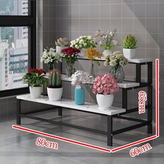 花店展示架陽臺鐵藝客廳落地花架多層鮮花專用架子花瓶花束花盆架層架 置物架 花架, 黑架+白石紋三層80*60*65