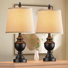 PARTPHONER 레트로 테이블 램프 2개 세트 침실용 침대 옆 램프 소박한 농가 테이블 램프 거실용 빈티지 나이트 스탠드 램프 화이트 쉐이드 매트 블랙